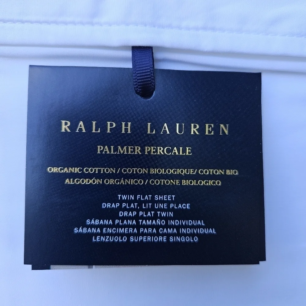 NWT Ralph Lauren Organic Cotton Palmer Percale white twin flat sheet navy piping
